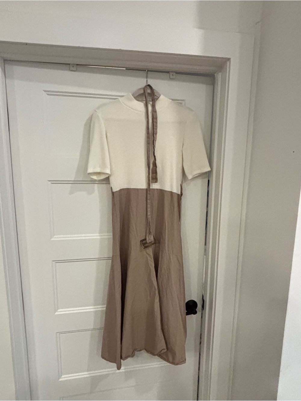 Zara Two-Tone Cream and Taupe Midi Dress with Neck Tie